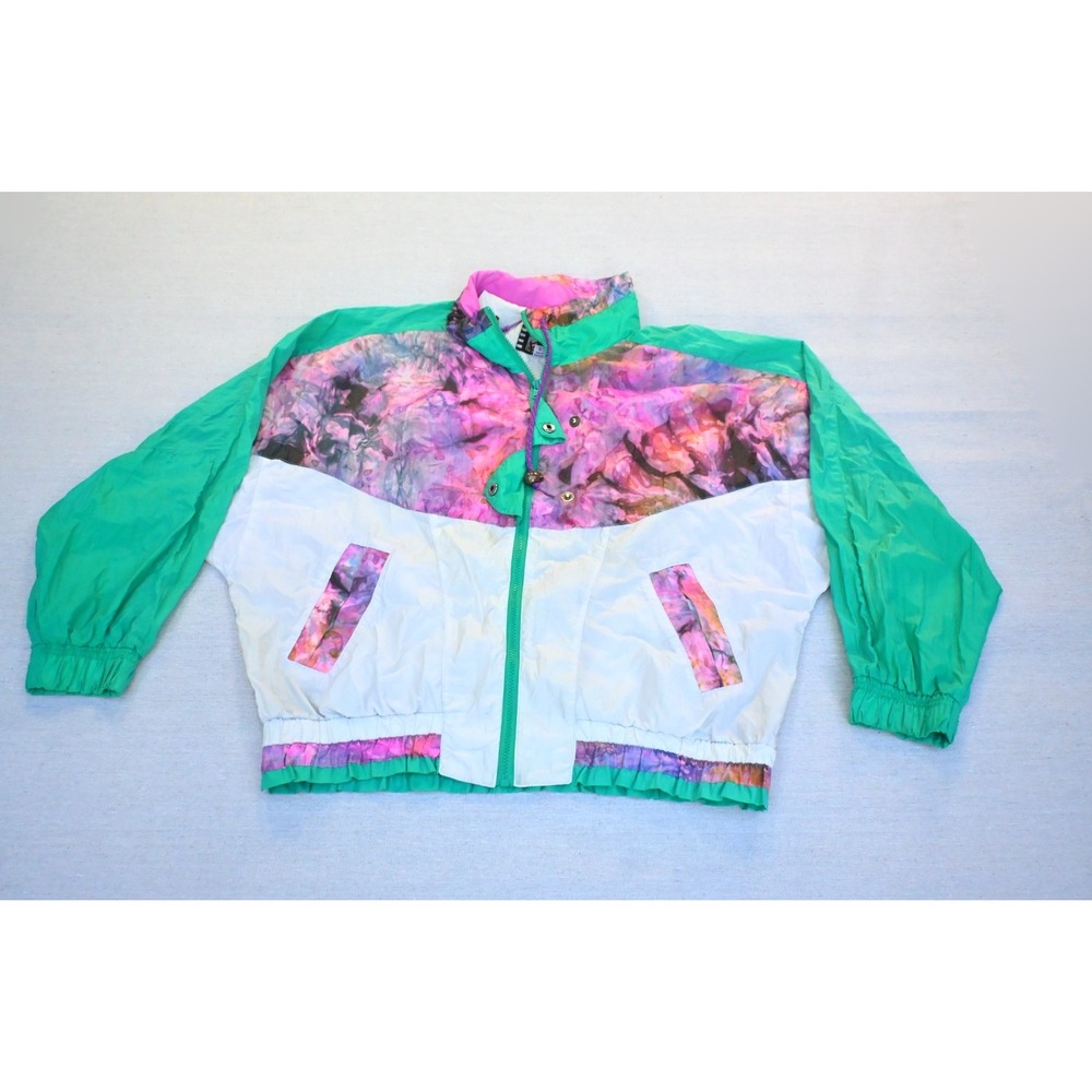Vintage 90s River Edge Sport Womens L Windbreaker Green White Pink Colorblock